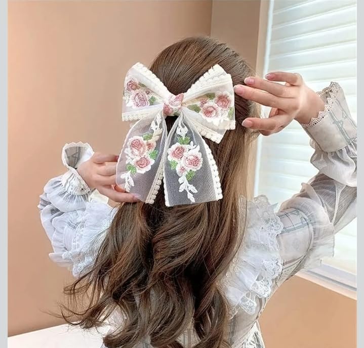 Image of Big Lace Bow Hair pin For Women Flower White Bow with Foral Embroidery For Girls Clips in Function Party Headpin White Hair Accessories Best Gift (Pack of 1)