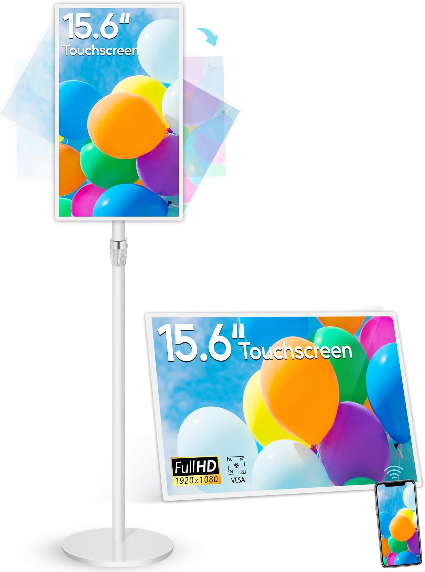 - 15.6" Digital Signage with 10000mAh Battery, Capacitive Touchscreen Advertising Display, Adjustable Stand, Android 11 Commercial LCD Monitor with Auto Play, Wireless Screen Mirroring, 4+64GB, White