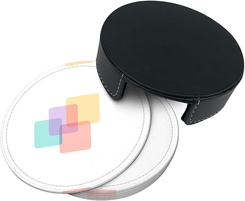 Miniatura 4 de Drink Coasters Set of 6, Squares Printed PU Leather Round Coaster with Holder for Outdoor, Office, Bar, Funny Heat-Resistant Home Desk Decor