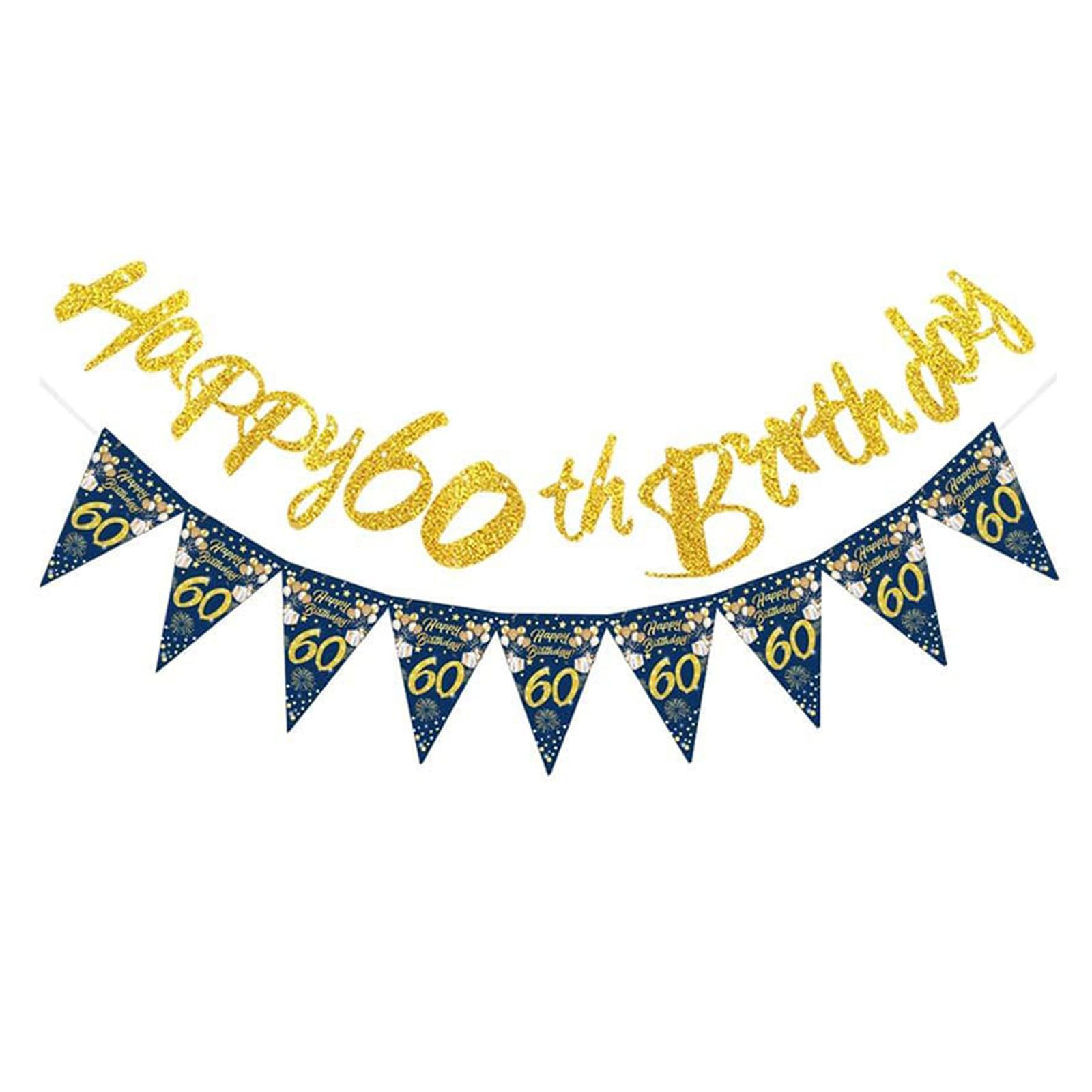 60th Birthday Decor ations Banner Double Layer - Navy Blue & Gold Gl itter Happy 60th Birthday Banner with B unting Flags Set, Easy to Hang Adjust able Letters for Adult Party, Home Decor