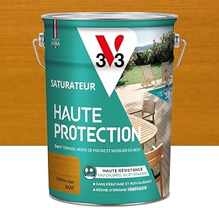 V33 Saturateur bois extérieur Chêne clair mat - Pour terrasses et mobilier de jardin - Haute résistance eau chlorée, UV et graisse - Sans essuyage et non glissant - Résine d'origine végétale - 5L