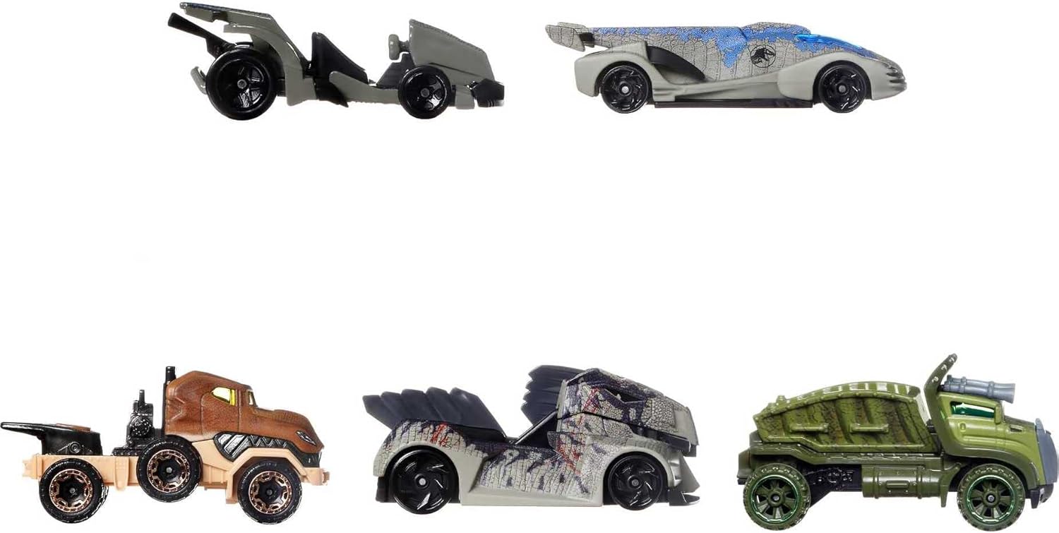 Hot Wheels Jurassic World Dominion Toy Character Cars 5-Pack in 1:64 Scale: Beta, Giganotosaurus, T-Rex, Triceratops & Velociraptor
