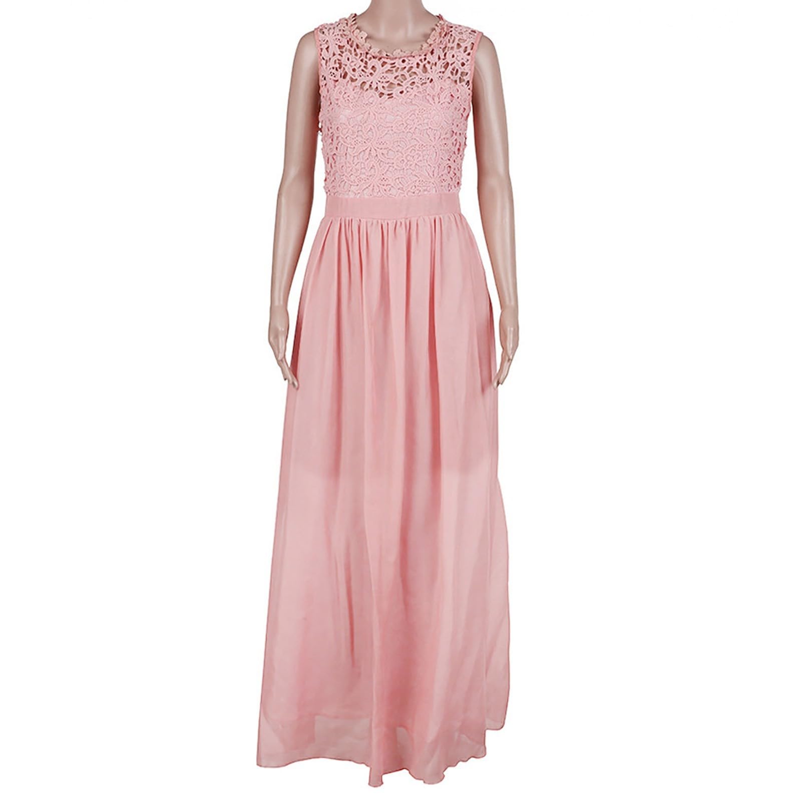 Abendkleid Lang Damen Elegant für Hochzeit Spitzen Rundhals ärmellos A Linie Chiffon Festlich Kleid Lange Ballkleider Brautjungfernkleider Cocktailkleid Spitzenkleid