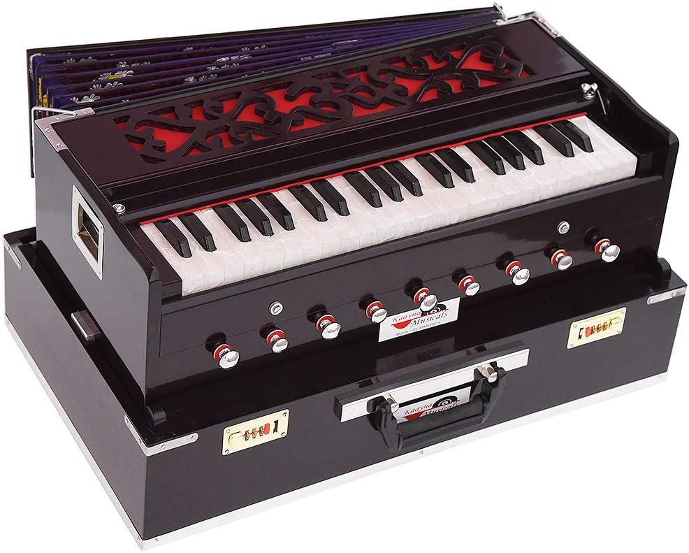 OM Harmonium Traveler/Portable/Folding Type By Kaayna Musicals, 9 Stops- 5 Main & 4 Drone, 3½ Octaves, Coupler, Dark Colour, Gig Bag, Bass-Male Reed - 440Hz, Suitable for Yoga, Bhajan, Kirtan, Mantra