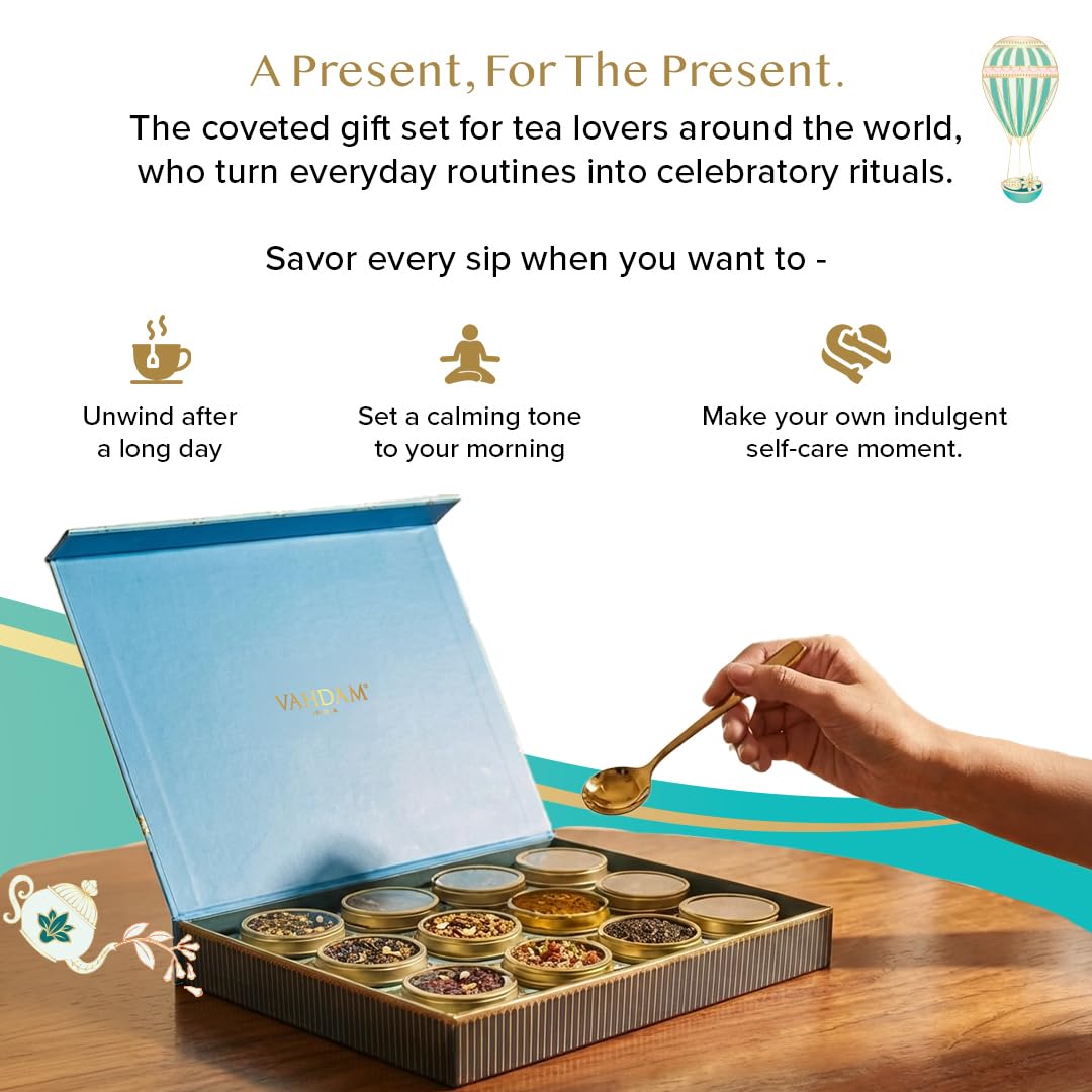 VAHDAM Bloom Luxury Tea Gift Set | 12 Premium Loose Leaf Teas in Gold Tin Caddies | Black, Green, Chai & Herbal | Corporate Gifting, Birthday & Diwali Gift | Gift for Women & Men 4