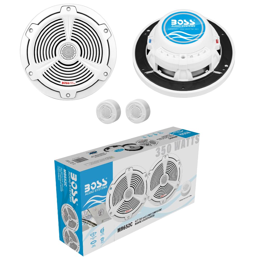 KIT SET PARA BOSS AUDIO SYSTEMS MR652C 2 altavoces coaxiales marinos Sistema de 2 vías 16,5 cm 6,5" de diámetro, 175 vatios rms 350 vatios max, 4 ohmios, 90 db, resistente al agua, barco, mar, por par