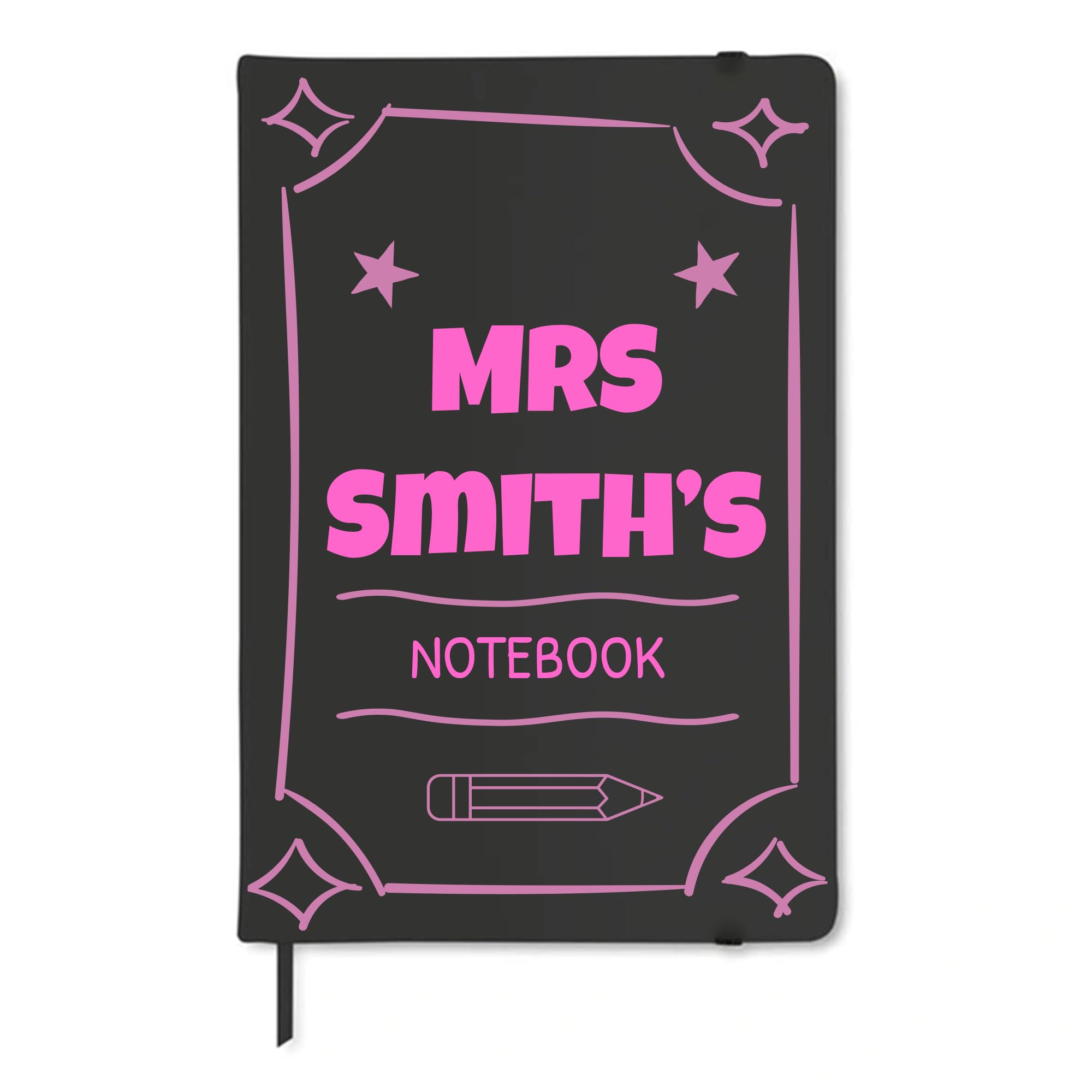 Chicken Craft Personalised Teacher Notebook - Custom Name Gift for Teachers, TAs or Support Staff - A5 Lined Journal with Pink Frame and Pencil Design (Black)