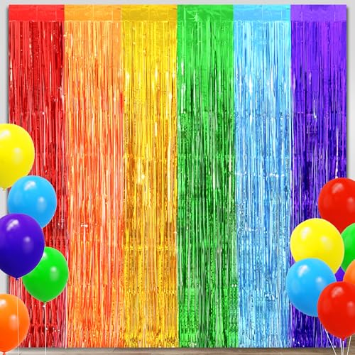 Image of Rainbow Party Decorations, Thicken 2 Pack 3.2 x 8.2 FT Pride Decorations Streamers Foil Fringe Backdrop Curtains for Kindergarten Preschool Graduation Decorations