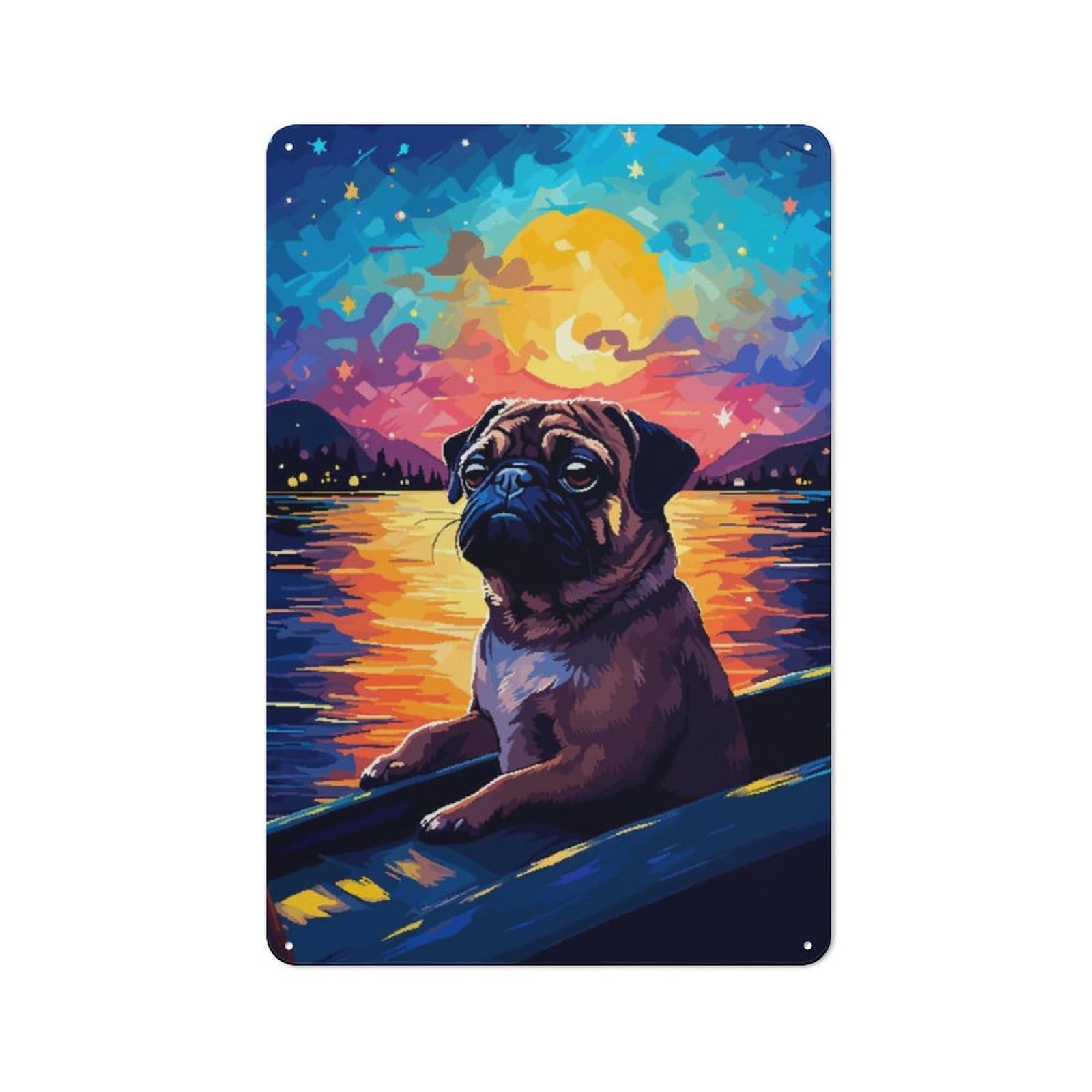 Junmoney Pug Boat Synth Pixel Art Shed Style Metal Wall Decor 30X20cm, Tin Sign For Conservatory, Home Bar Or Utility Room