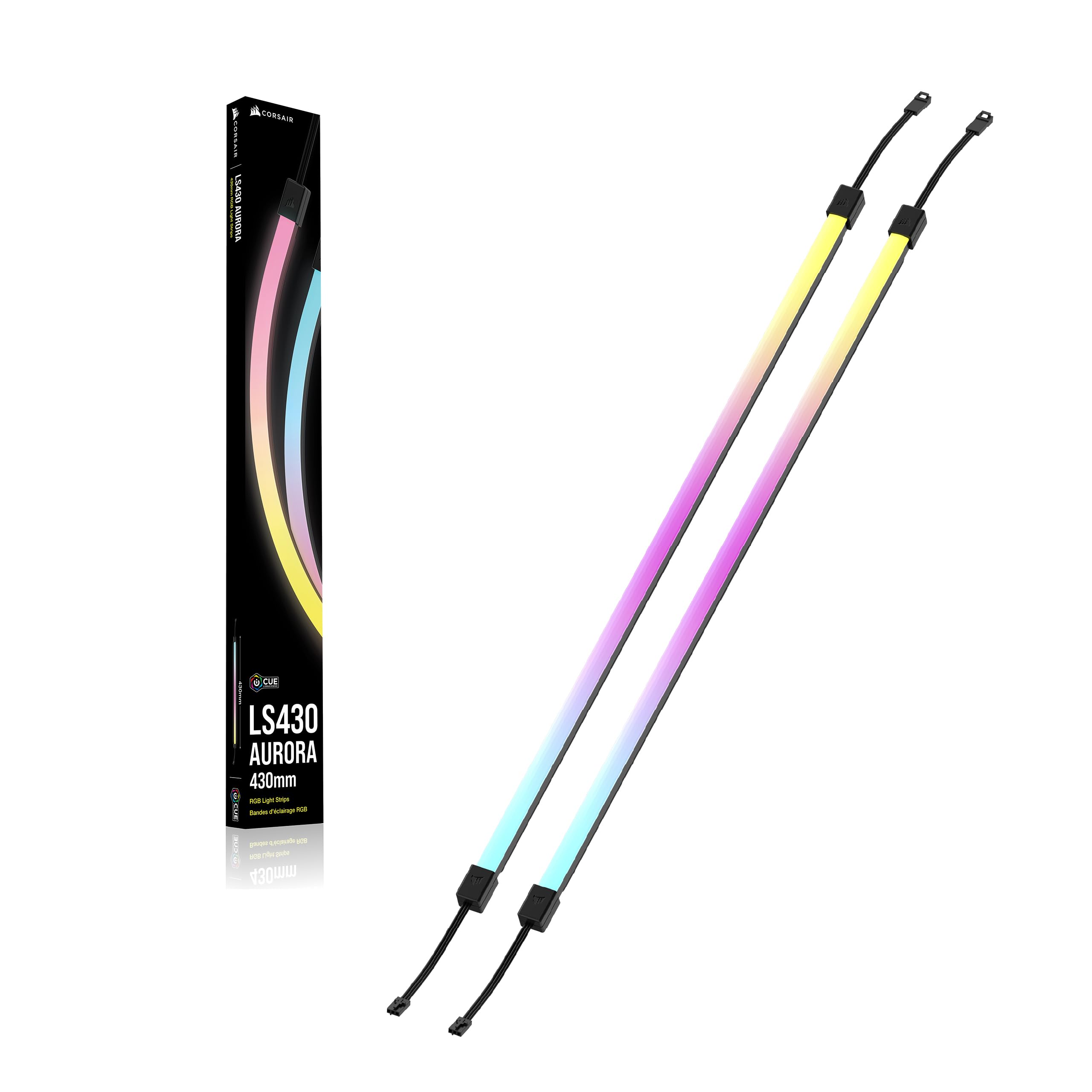 Corsair LS430 Aurora Tiras de Luz RGB 430mm – 2X Tiras de LED RGB Magnéticas Difusas – Cabezal +5V ARGB o Controlador iCUE – Cable Adaptador ARGB a iCUE de 3 Patillas Incluido