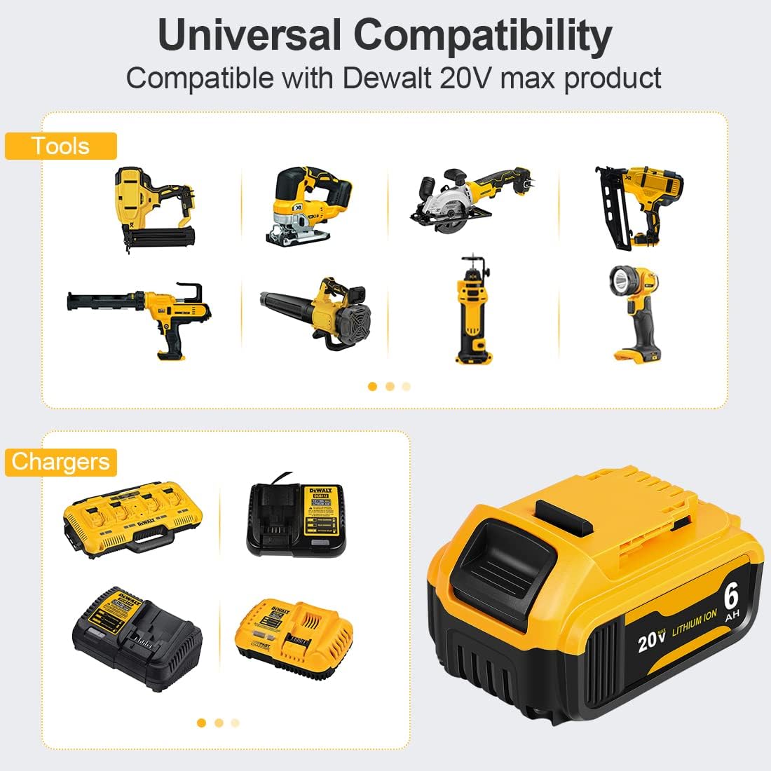 2 Pack 6000mAh Lithium-ion Battery Replacement for DeWalt 20V Max Battery,Compatible with DCB200,DCB201,DCB203,DCB204 High-Capacity Power Pack for DeWalt 20V Cordless Tools and Chargers