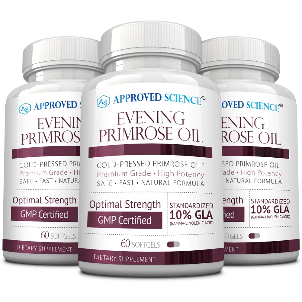 Approved Science Evening Primrose Oil - Maximum Strength - Cold Pressed - 10% GLA - Hormonal Balance, Skin and Heart Health - 3 Month Supply - All Natural