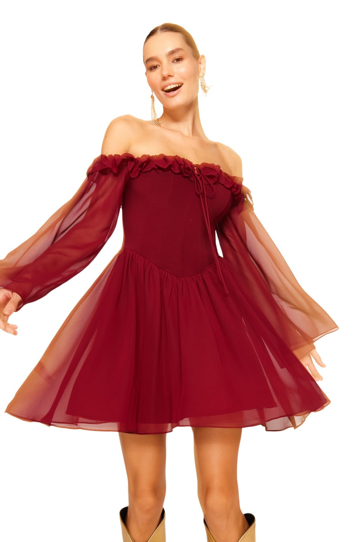Trendyol Abito da Donna TPRSS23EL00096, Borgogna, 38