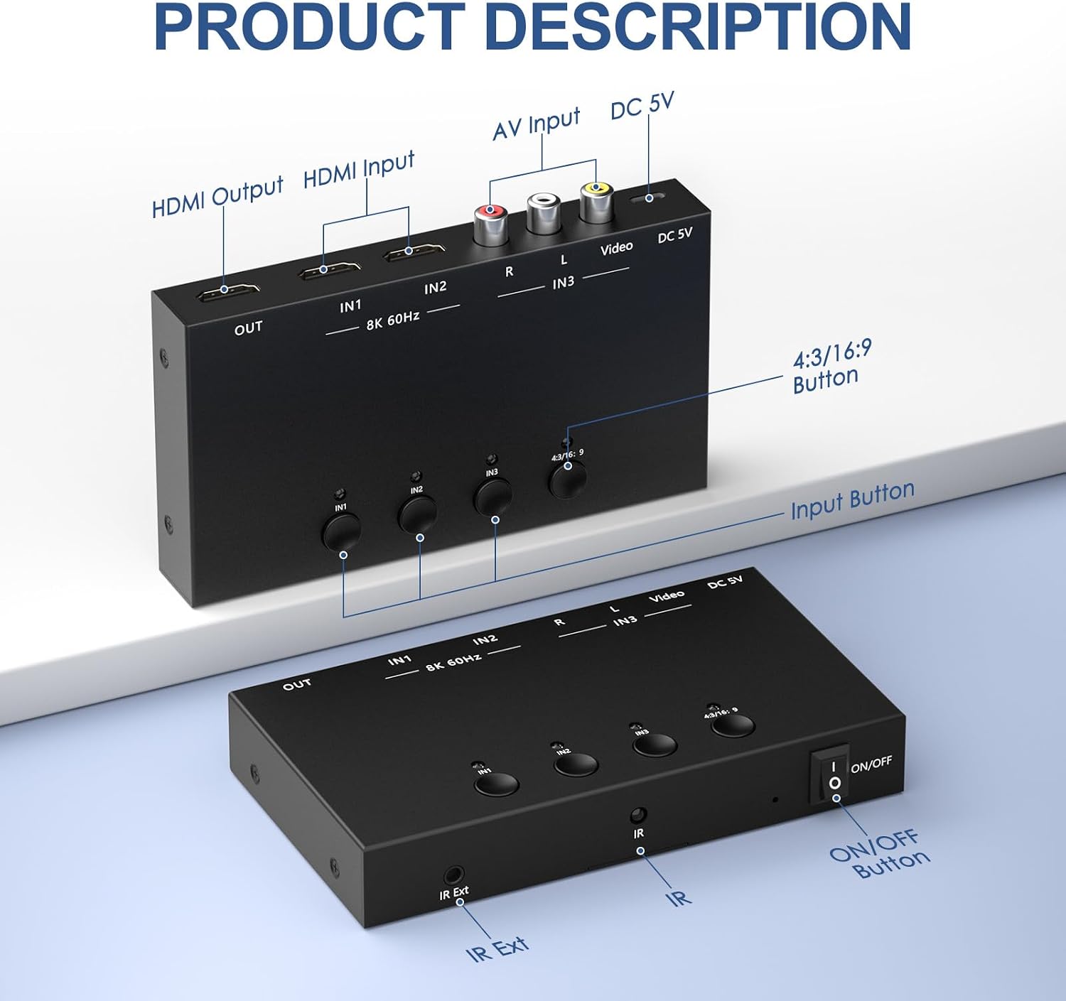 Y.D.F 8K 2 Way HDMI Switcher + 1 RCA to HDMI Converter(2 in 1) Support 4K@120Hz HDR10+ HDCP 2.3 HDMI 2.1 Switch 4:3/16:9 Switching for N64 NGC Wii PS2/3/4/5/ Switch