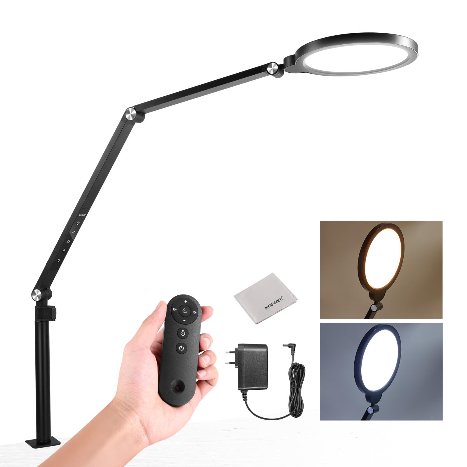 NEEWER 18W 7" Básico Aro de Luz Escritorio para Iluminación Videoconferencias Streaming, 3000-6500K Dimmable Luz Circular LED con Brazo Articulado y C Clamp para Teléfono/Computadora Zoom Call, R18