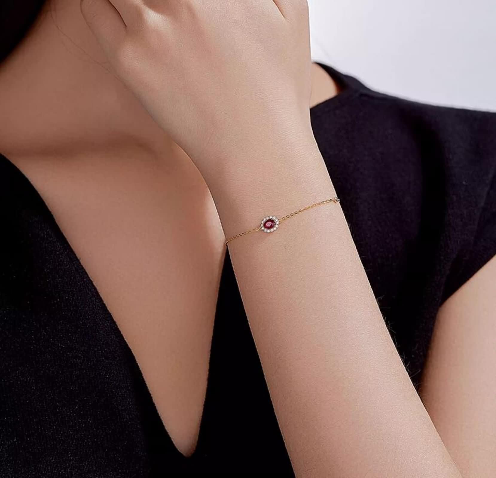 Pulsera para Mujer de Oro 9 K / 14 K / 18 K, Oval con Rubí de 0,3 ct y Diamante, Cadena Extensible 16 CM + 5 CM, Pulsera Oro Ajustable Mujer