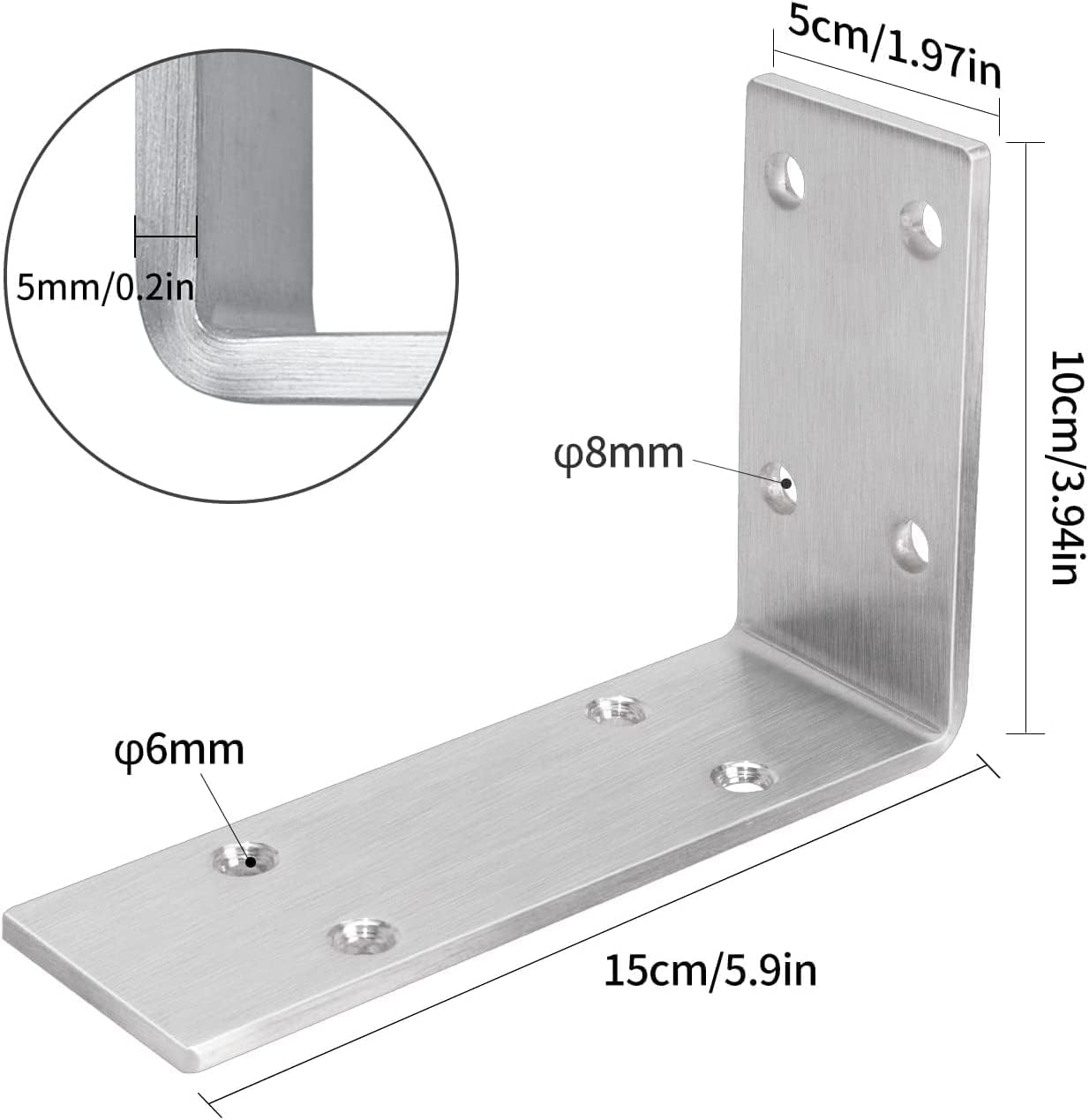 YUMORE Shelf Bracket Heavy Duty 6x4x2 in, 1/5IN Extra Thick Solid L Brackets Stainless Steel Countertop Bar Top Support Brackets Wall Mounted, Includes Hardware, 2 Pack