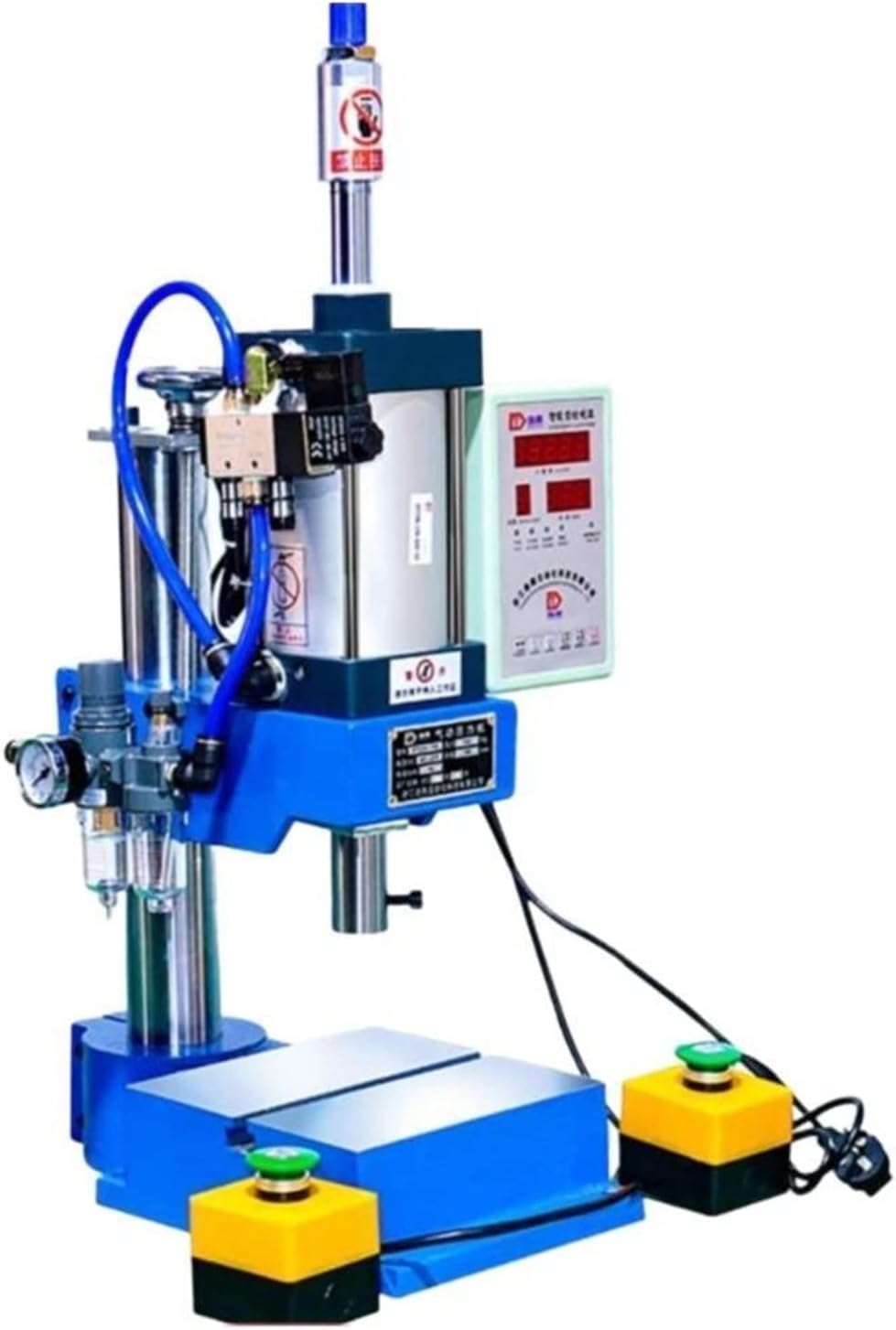 Punzonadora Neumática 200kg, Prensa de Columna con Control Dual de Mano y Pie, Máquina de Troquelado y Remachado para Metal, Plástico, Cuero – 220V, 63mm de Cilindro (Botones Dobles)