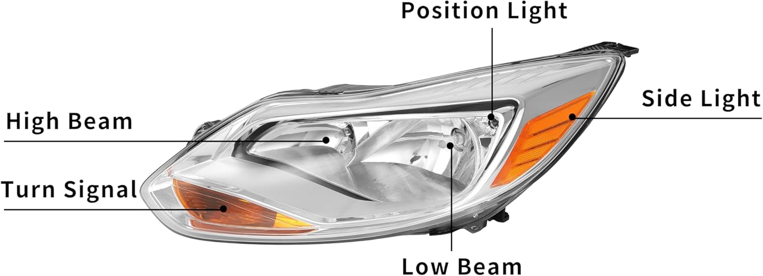 HECASA Left Headlight Assembly Compatible with 2012-2014 Ford Focus 4-Door Replacement for FO2502298 K301153LAS1 Driver Side Halogen Headlamp w/bulbs Clear Lens+Chrome Housing