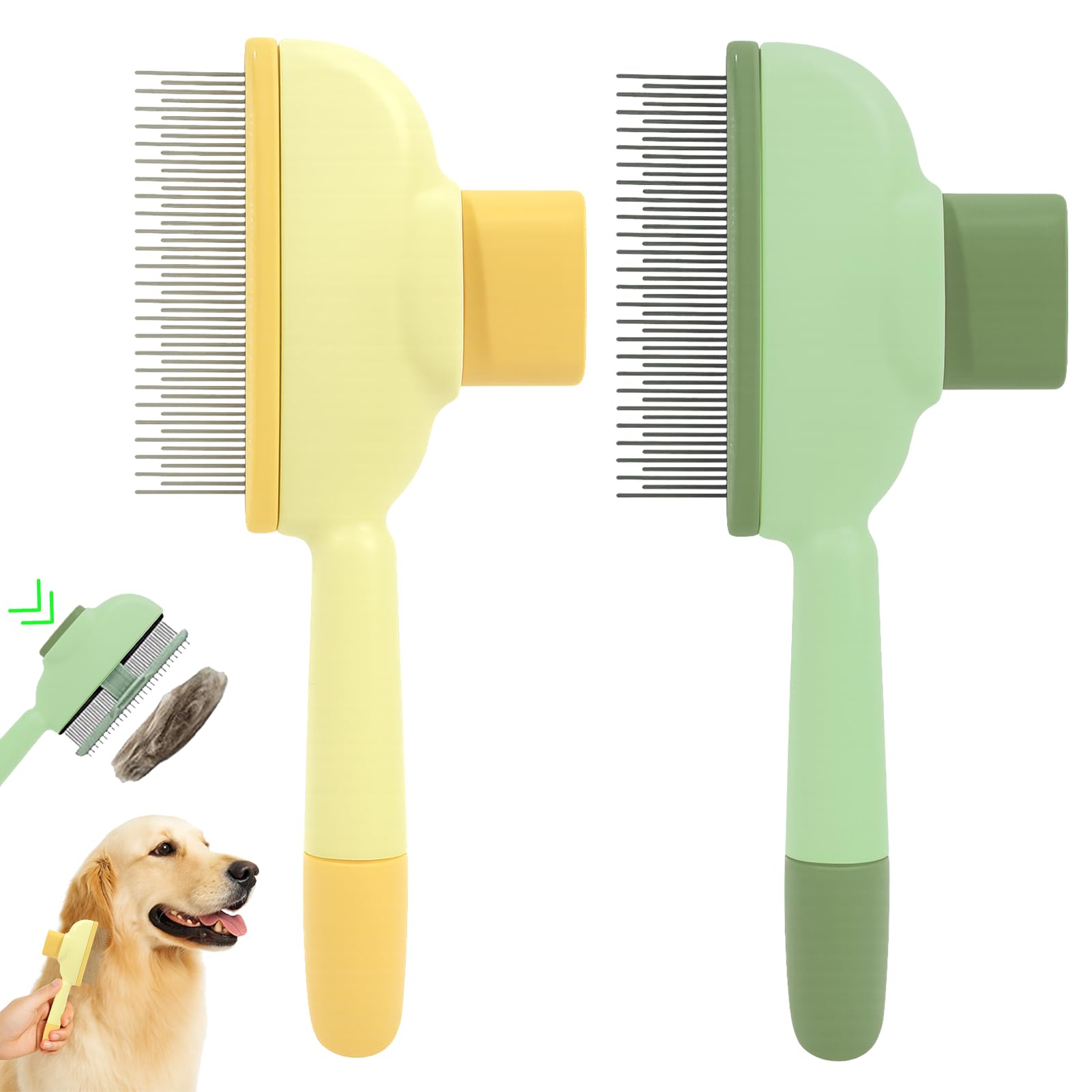 BONSELEM Lot de 2 brosses auto-nettoyantes pour chat et chien, bouton de déclenchement, toilettage sous-poil et puces, adaptée aux poils longs et courts