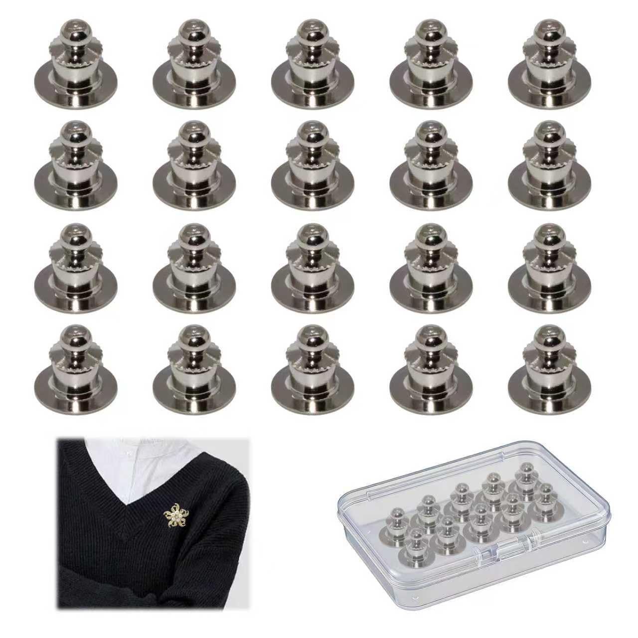 happykau ピンバッジ キャッチ 留め具 20個セット 収納ボックス付き デラックス丸型クラッチ バッチ裏金具 留め具 会社のバッジ ブローチ 学校のバッジ タイタック