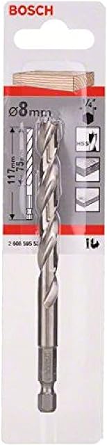 Bosch 2608595523 Hex Shank Wood Drill Bit, 8mm x 75mm x 117mm, Silver