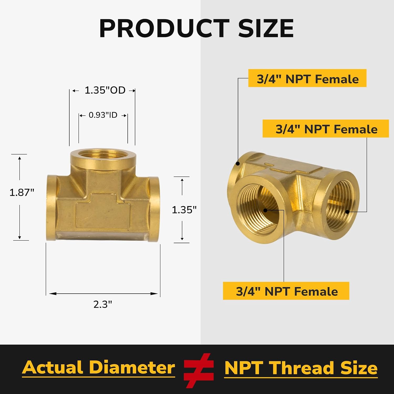 Tee 3/4" × 3/4" × 3/4" NPT Female, Brass Pipe Fitting, 3 Way Brass T Connector for Propane, Oil, Gas, Air Flow Systems, Corrosion Resistant, 1200 PSI Rated, 1 Pack