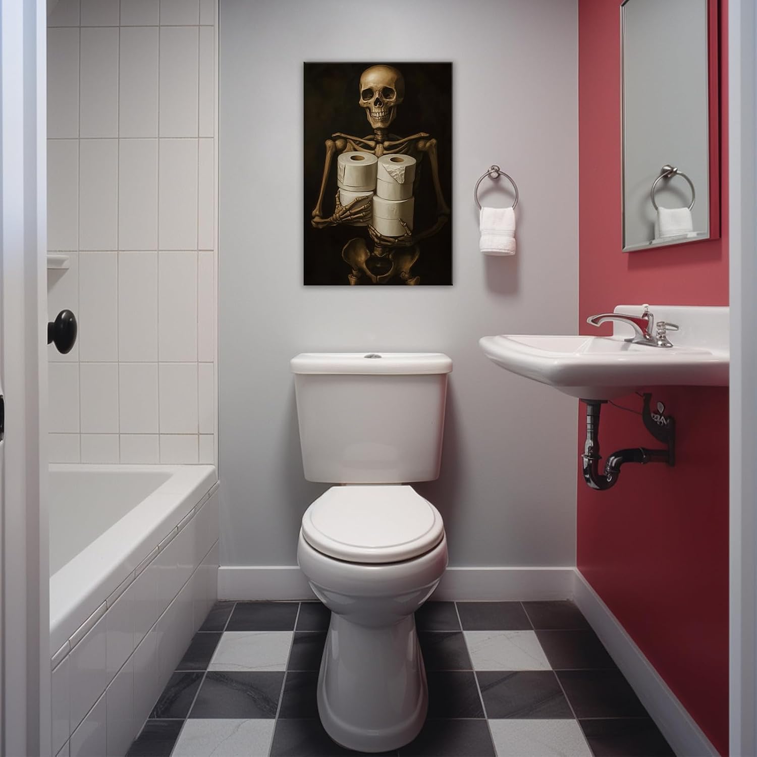 Gothic Skull Wall Art Funny Skeleton with Toilet Paper Canvas Print Vintage Skull Painting Framed Artwork for Living Room Home Halloween Wall Decor(Artwork-8,16"x24") image 5