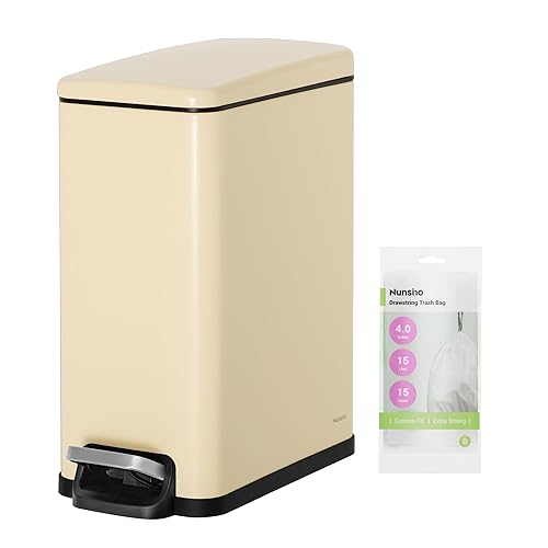 Nunsino Cubo de basura pequeño para baño con 40 bolsas de basura, cubo de basura de acero inoxidable de 2.6 galones con tapa de cierre suave,