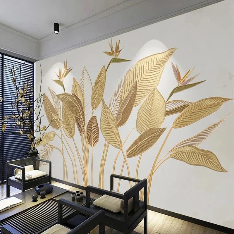 Papier peint 3D mural plante feuilles d'or de luxe en soie