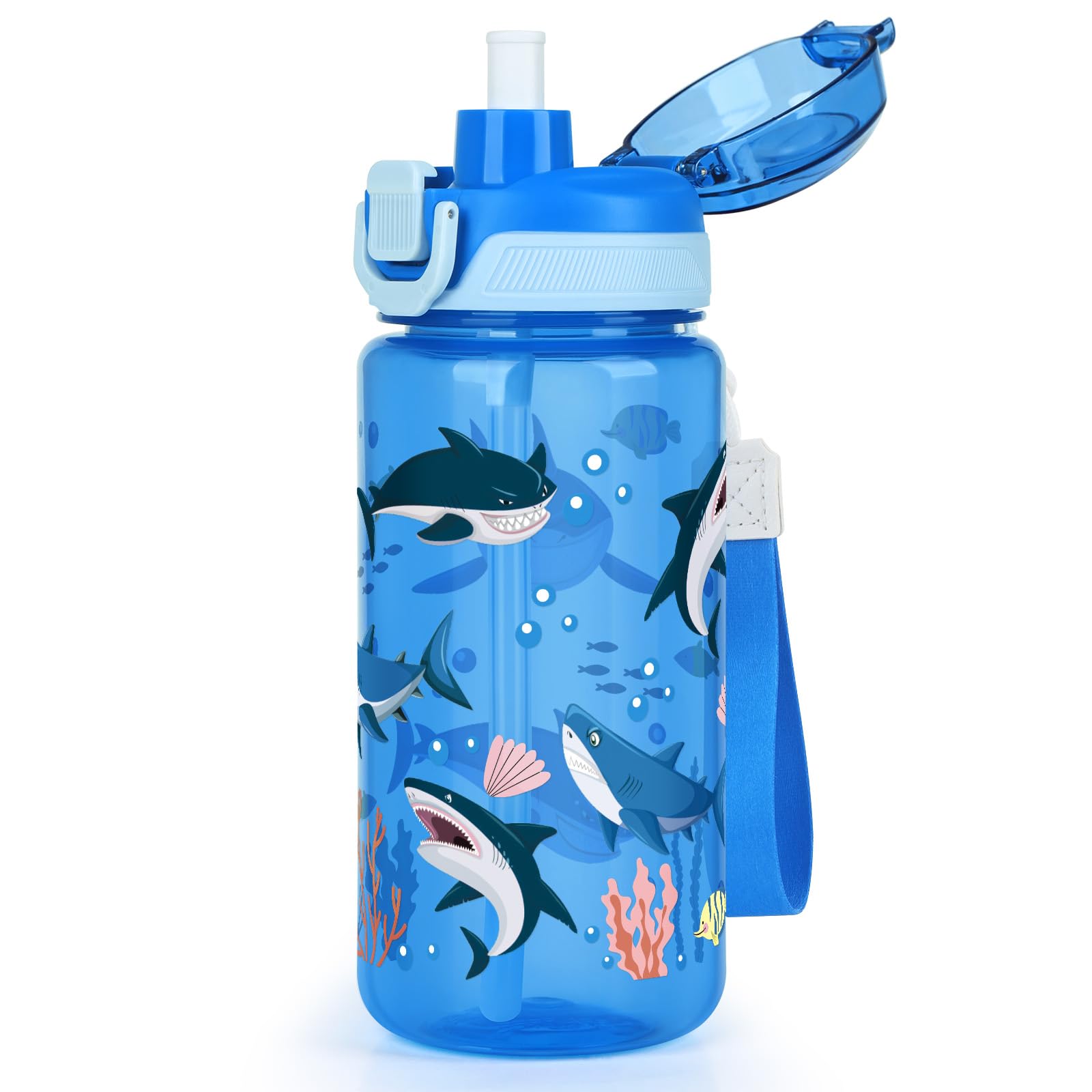 omedecal 600ml Kids Water Bottle with Pop-Up Lid & Lock, Shark — image 1