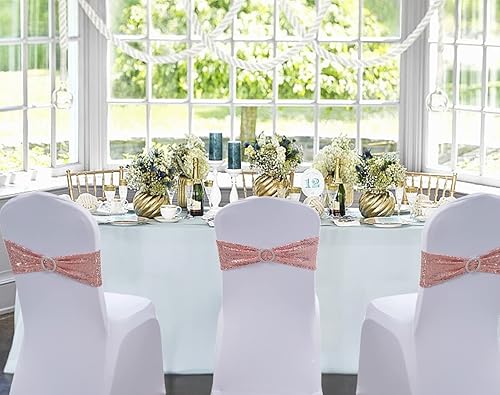 Miniatura 2 de Paquete de 100 bandas de lentejuelas para sillas de color oro rosa, lazos para sillas plegables de fiesta de boda, banda de oro rosa con hebillas