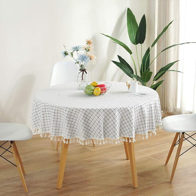 meioro Round Tablecloths Cotton and Linen Table Cloth Tassel Circle Tablecloth Dust Proof Table Cover Suitable for Indoor Outdoor Dining Table (Diameter 120cm, White and Blue)