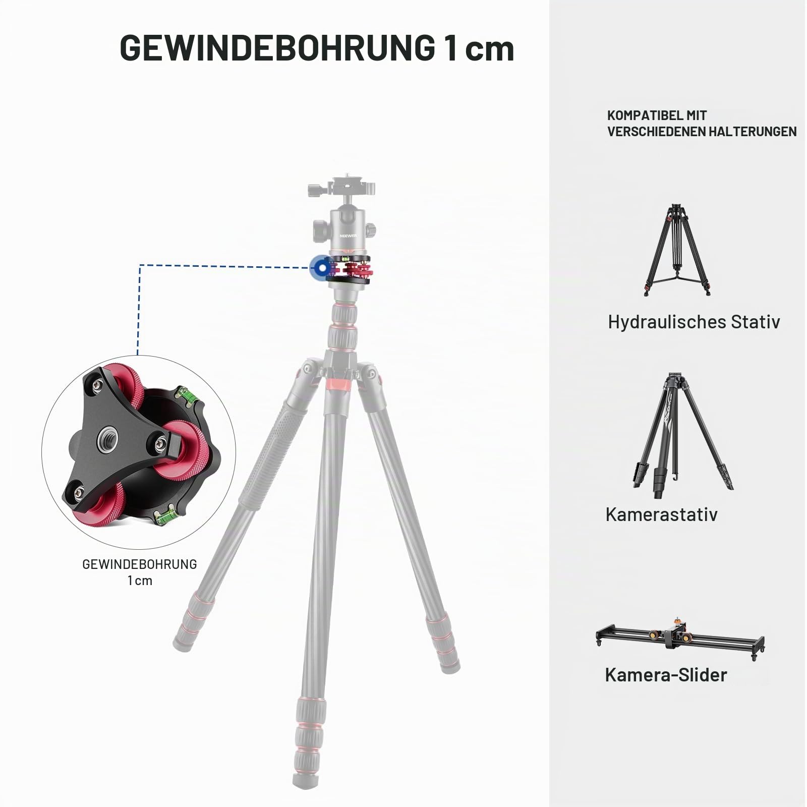 NEEWER Stativkopf Nivelliersockel, Kamera Nivelliergerät, 3 Achsen Dreiradkopf aus Flugzeugaluminiumlegierung, 3/8" Gewinde, -5° präzise Winkeleinstellung für Makro Panoramafotografie, LP64
