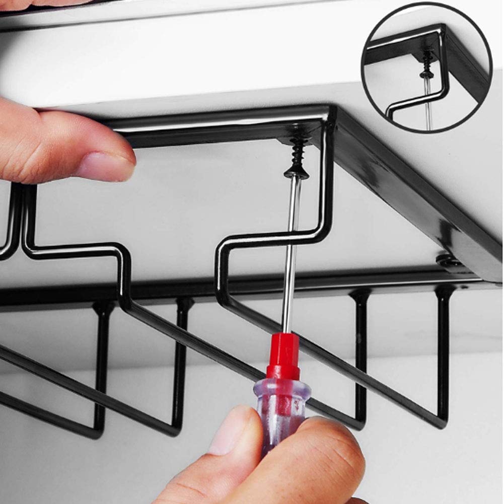 Warmiehomy Porte-verres à vin à suspendre sous armoire pour bars, cuisine, verres à champagne en métal noir (60 x 22,5/6 emplacements)