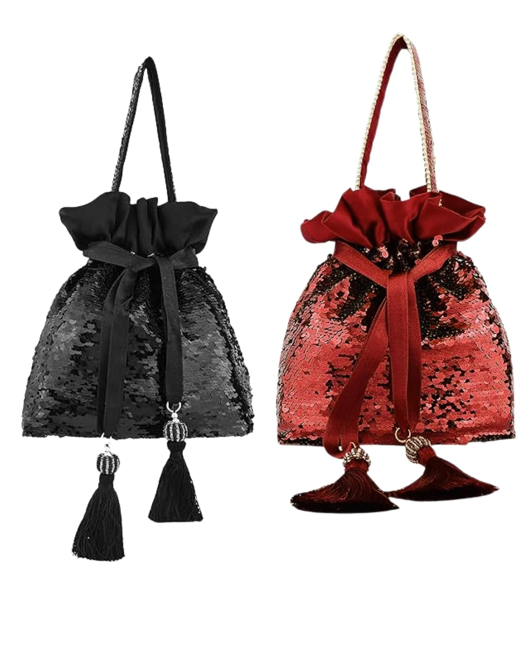 by Q-One Sequin Potli Bag for Women | Party & Wedding Clutch Bag | Handcrafted Drawstring Potli with Tassels | Festive & Ethnic Gift Pouch for Ladies (Red,Black Pack of 2)-image-30