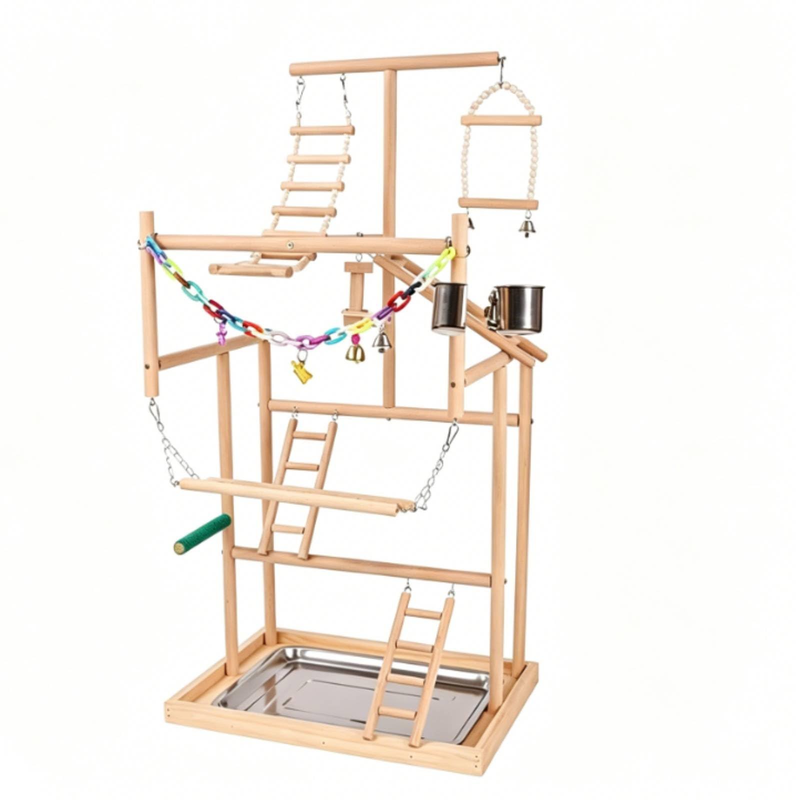 Colcolo Perchoir pour Oiseaux Support d'Entraînement Échelle Parc d'Activités en Bois Métal Plastique avec Accessoires Interactifs Convient à Détente et Exercice Quotidien Cage et Plan de Travail