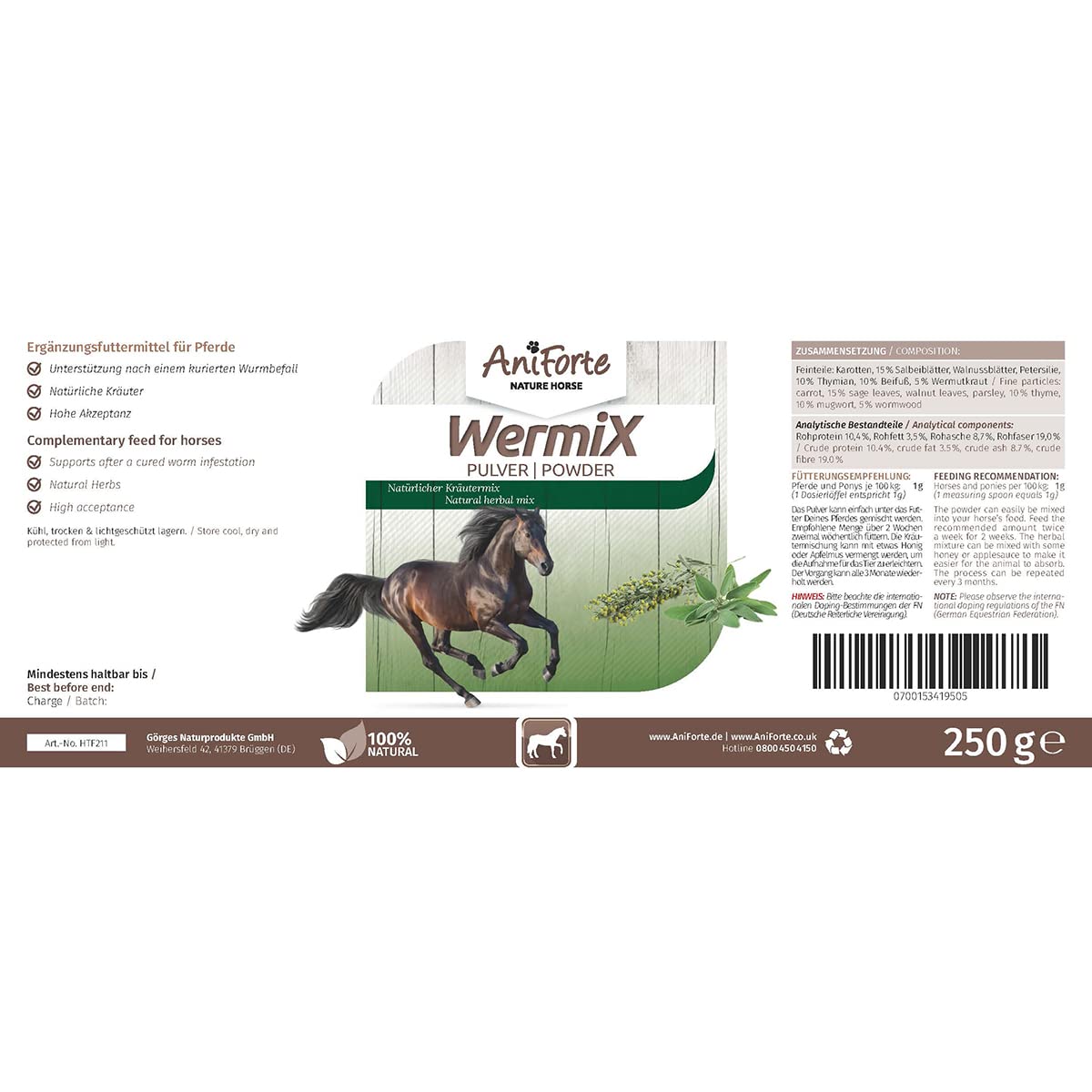 AniForte WermiX Pulver für Pferde & Ponys 250g – Natürliche Kräuter, seit 10 Jahren bewährte Alternative, Unterstützung durch Saponine, Bitterstoffe, Thymian, Wermut & Salbei