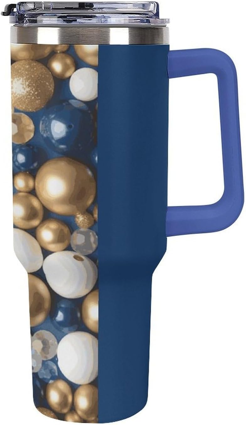 40 Oz Insulated Mug with Handle, Stainless Steel Gold Blue White Printed Travel Mug Portable Leak-proof Large Car Mug for Home, Office Or Car