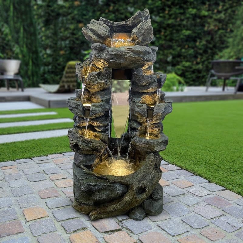 Fontaine de Jardin Art-Pond Niagara | Grande Taille 80x55x142cm en Polyrésine Gris Roche | avec Éclairage LED Blanc Chaud et Pompe 2000L/h | Décoration Extérieure ou Intérieure