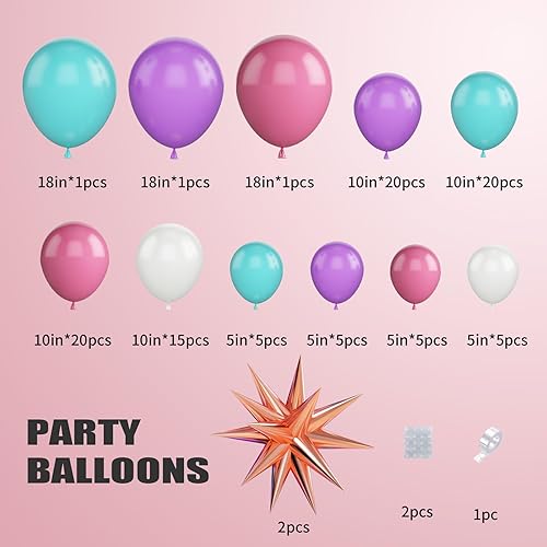 Vista 2 de Kit de arco de globos rosa, morado y azul, guirnalda de globos rosa morado con globos de látex rosa, azul, morado, blanco, globos de papel