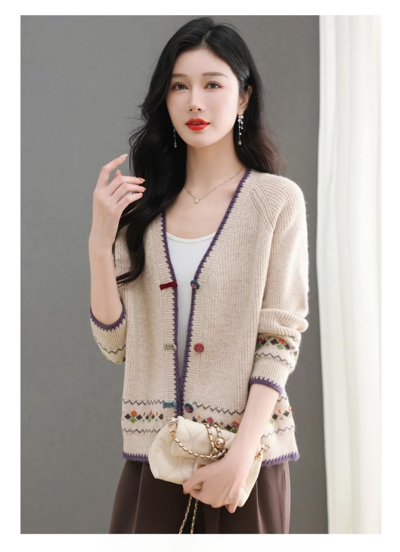 Rebeca De Punto Mujer, Cárdigan De Punto con Cuello En V para Mujer, Naranja, Manga Larga, Botón A Mano, Punto De Cable, Chaqueta Tipo Suéter De Jacquard De Diamantes, Abrigo Informal D