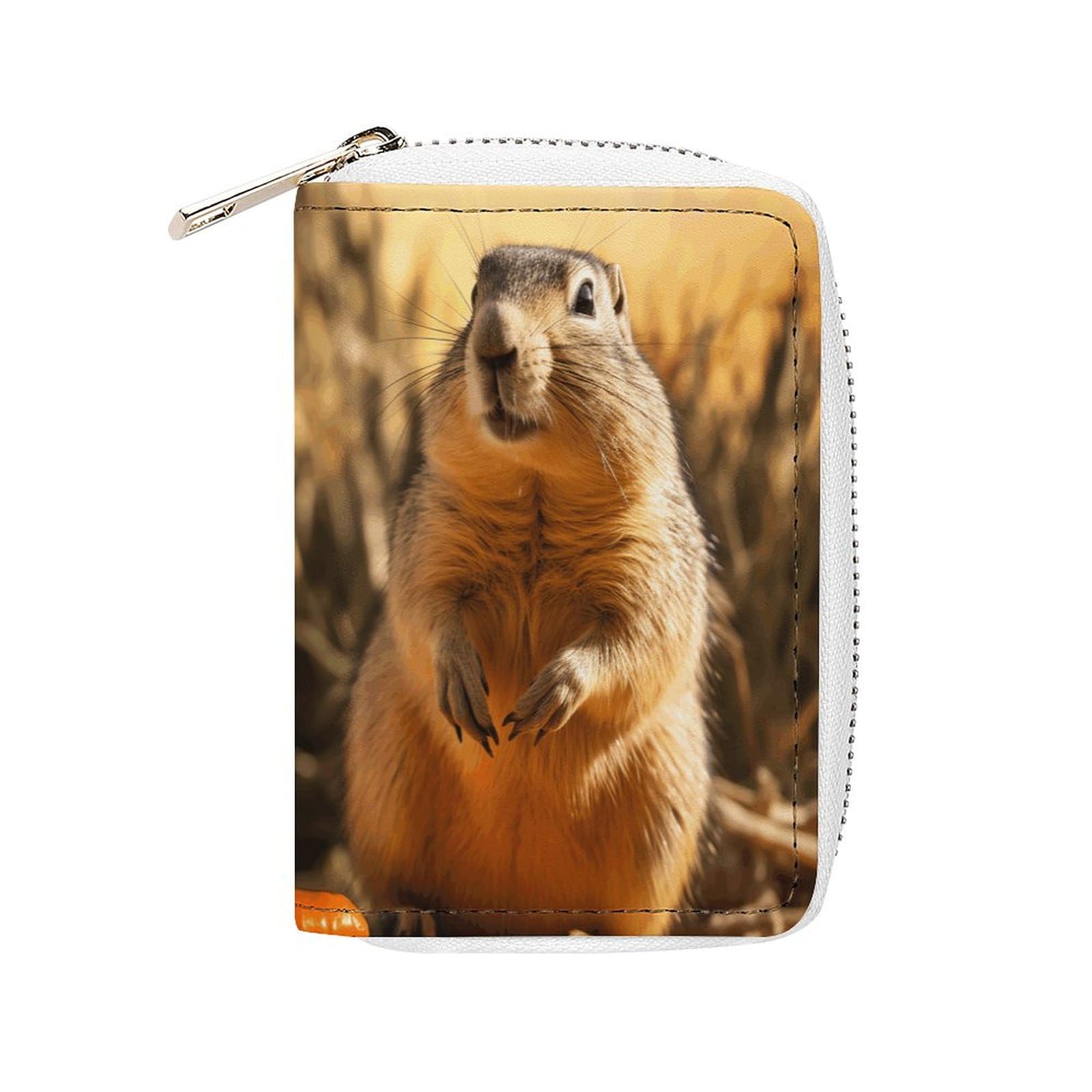 Leather Card Organizer Case Card Wallet Credit Card Holder Hand Drawn Groundhog Printed Zipper Card Cases Holder for
