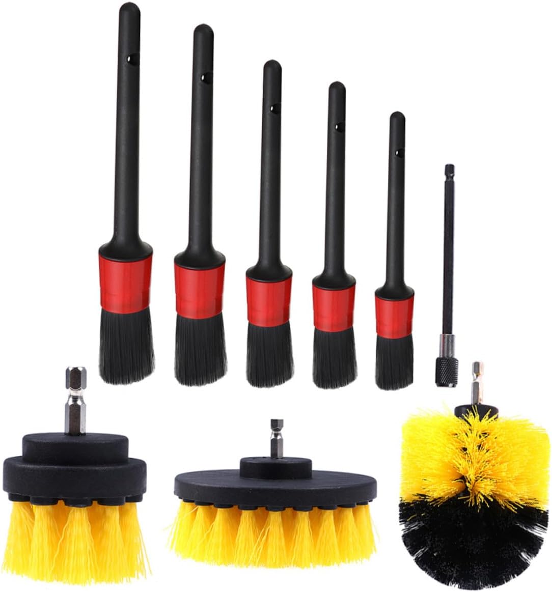 9pcs Drill Brush Attachment Set for Car Cleaning and Auto Detailing, Yellow High-Performance Scrubber Brushes for Wheels, Upholstery, Glass, and Interior Detailing Tools