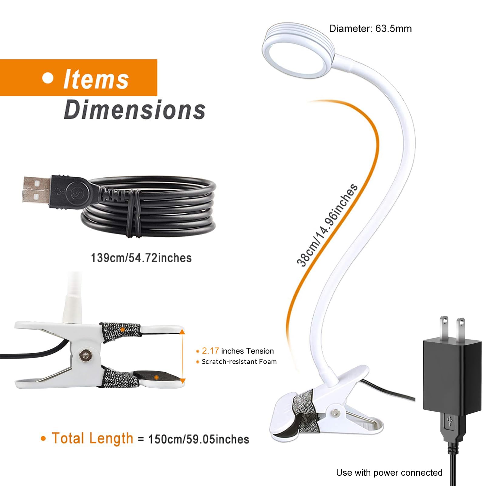 LEPOWER Luz de clip, luz de lectura, luz de libro, cambio de color, luz nocturna con clip para escritorio, cabecero de cama y computadoras, adaptador incluido (blanco)