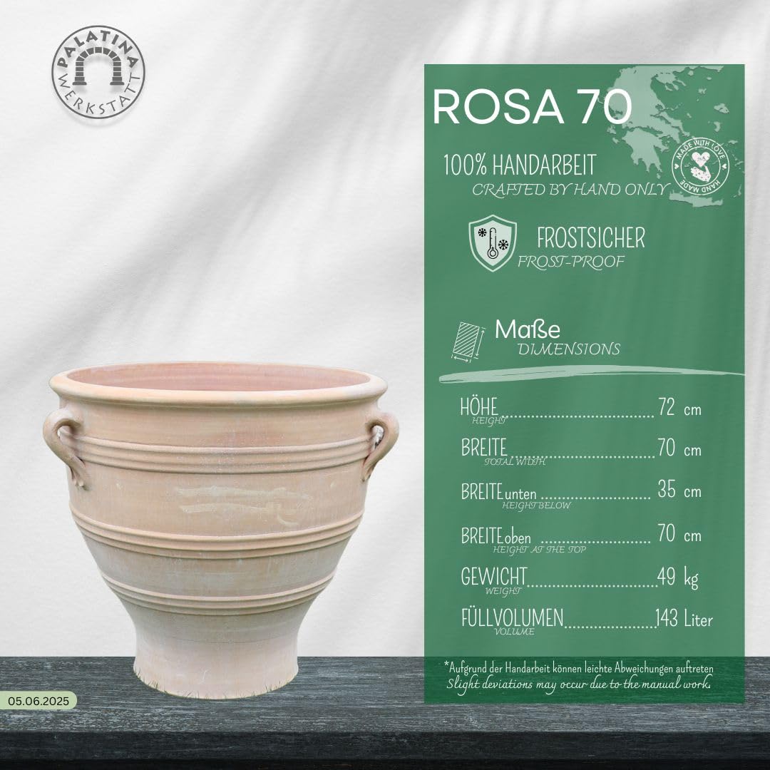 Palatina Ceramiczna duża donica na rośliny z uchwytem, 70 cm, ręcznie wykonana i odporna na mróz, wysoka terakota, doniczka na kwiaty do ogrodu, na taras, różowa, 70 cm