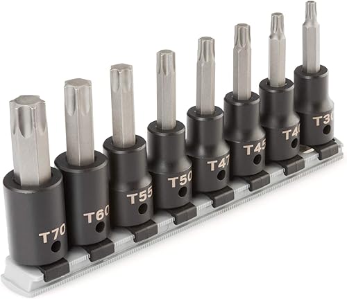 TEKTON Juego de llaves de vaso de impacto Torx de 12 pulgada con riel, 8 piezas (T30-T70) SIB92102