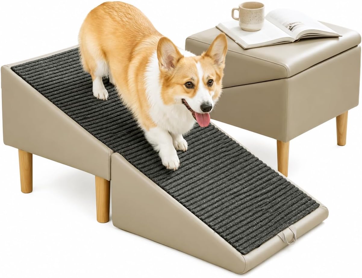 2-in-1 Foldable Ottoman Dog Ramp for Couch,Convertible Folding Dog Stairs for Couch and Bed,Non-Slip Wooden Pet Stairs for Puppy Senior Injured Dogs