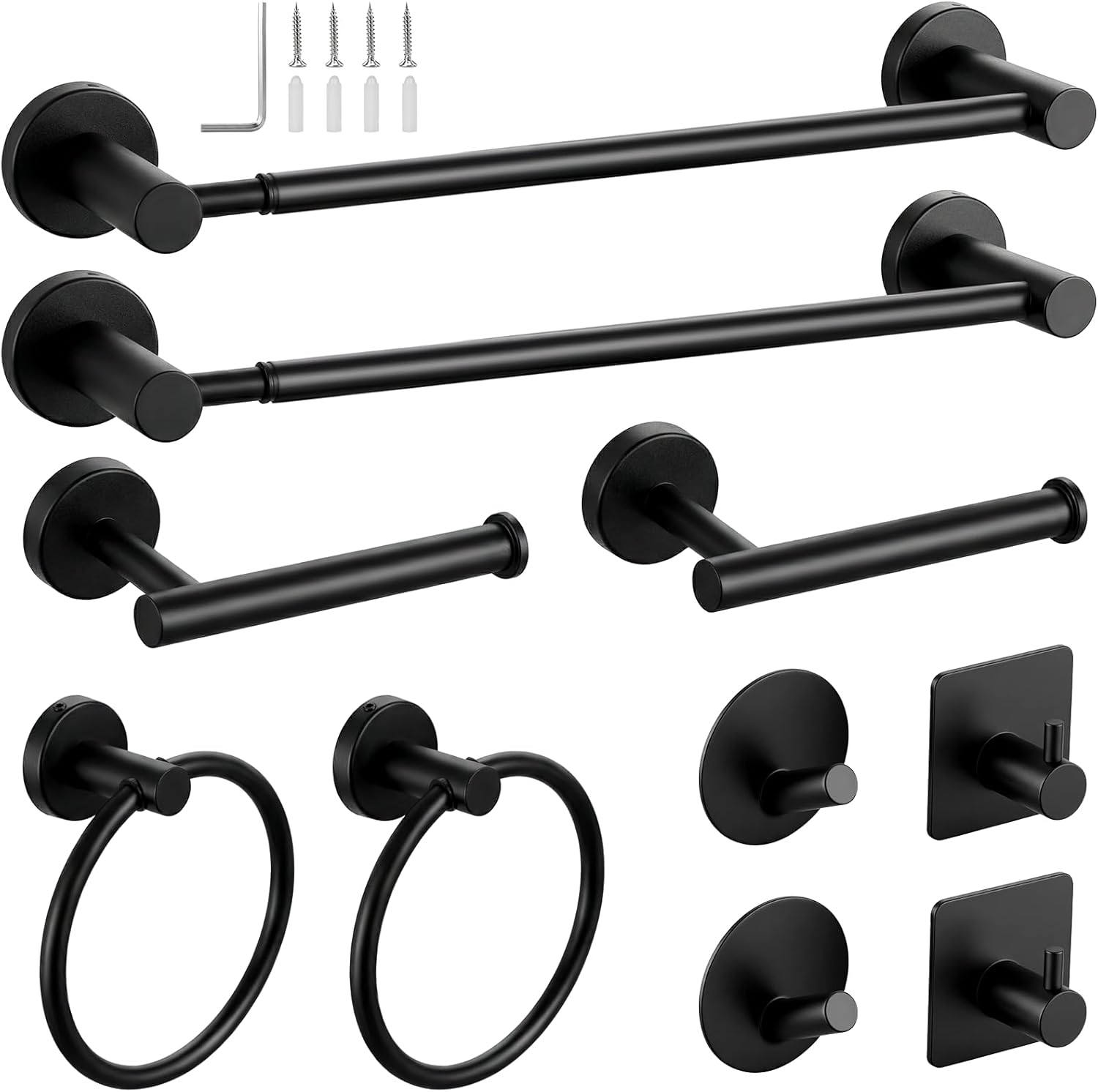 10-Pieces Matte Black Bathroom Accessories Set,Adjustable 14.5-24 Inch Bath Towel Bar Set, SUS 304 Stainless Steel Bathroom Hardware Set, Towel Racks for Bathroom Wall Mounted