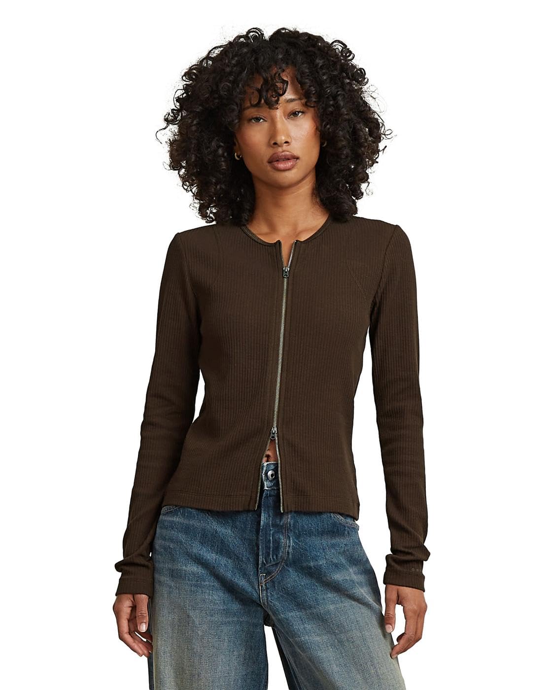 G-STAR Raw C.V. Women's 2 Way Slim Rib r t ls wmn T-Shirt, Brown, L